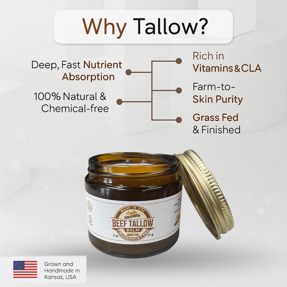 Grass Fed Beef Tallow Balm - 4 oz - Made in USA - Organic Grass Fed and Finished Tallow - Moisturizing Skin Care - AVAVITA
