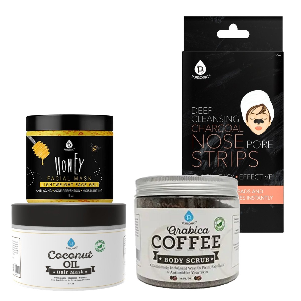 Pursonic Pamper & Glow Gift Bundle (6 pack Deep Cleansing Charcoal Nose Pore Strip, 100% Natural Arabica Coffee Body Scrub 14 Oz, 100% Natural Coconut Oil Hair Mask 10 Oz and Honey Facial Mask 8 Oz) - AVAVITA